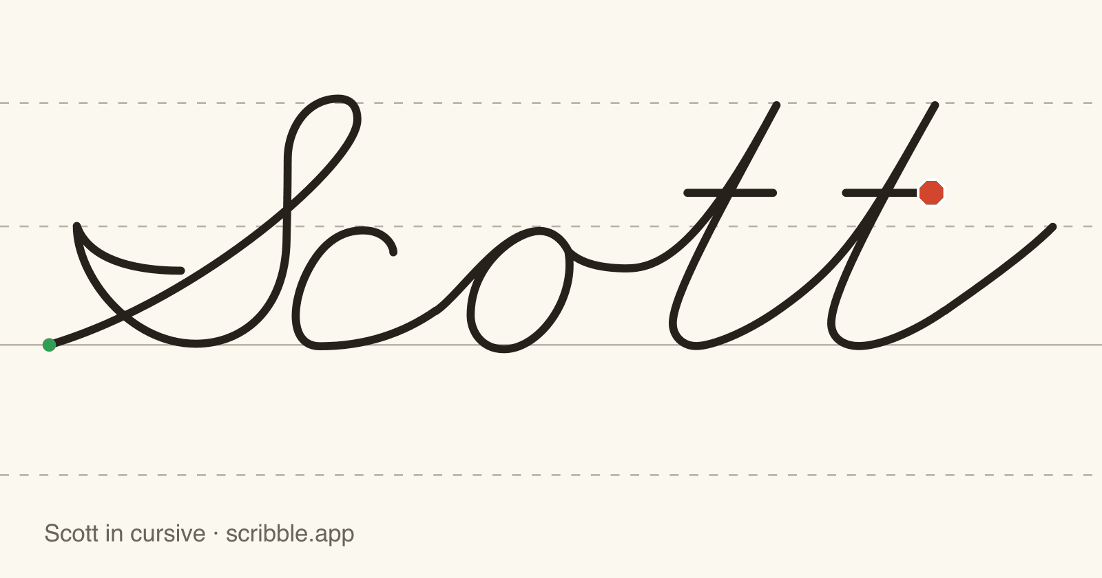 Scott written in cursive on handwriting guidelines, with a green starting dot and a red stop sign