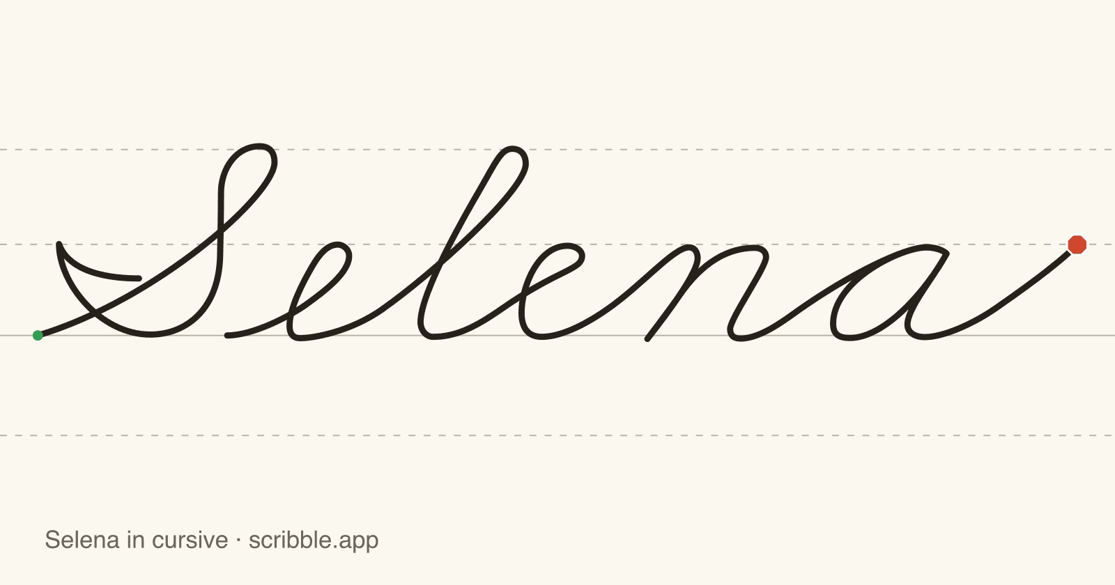 Selena written in cursive on handwriting guidelines, with a green starting dot and a red stop sign