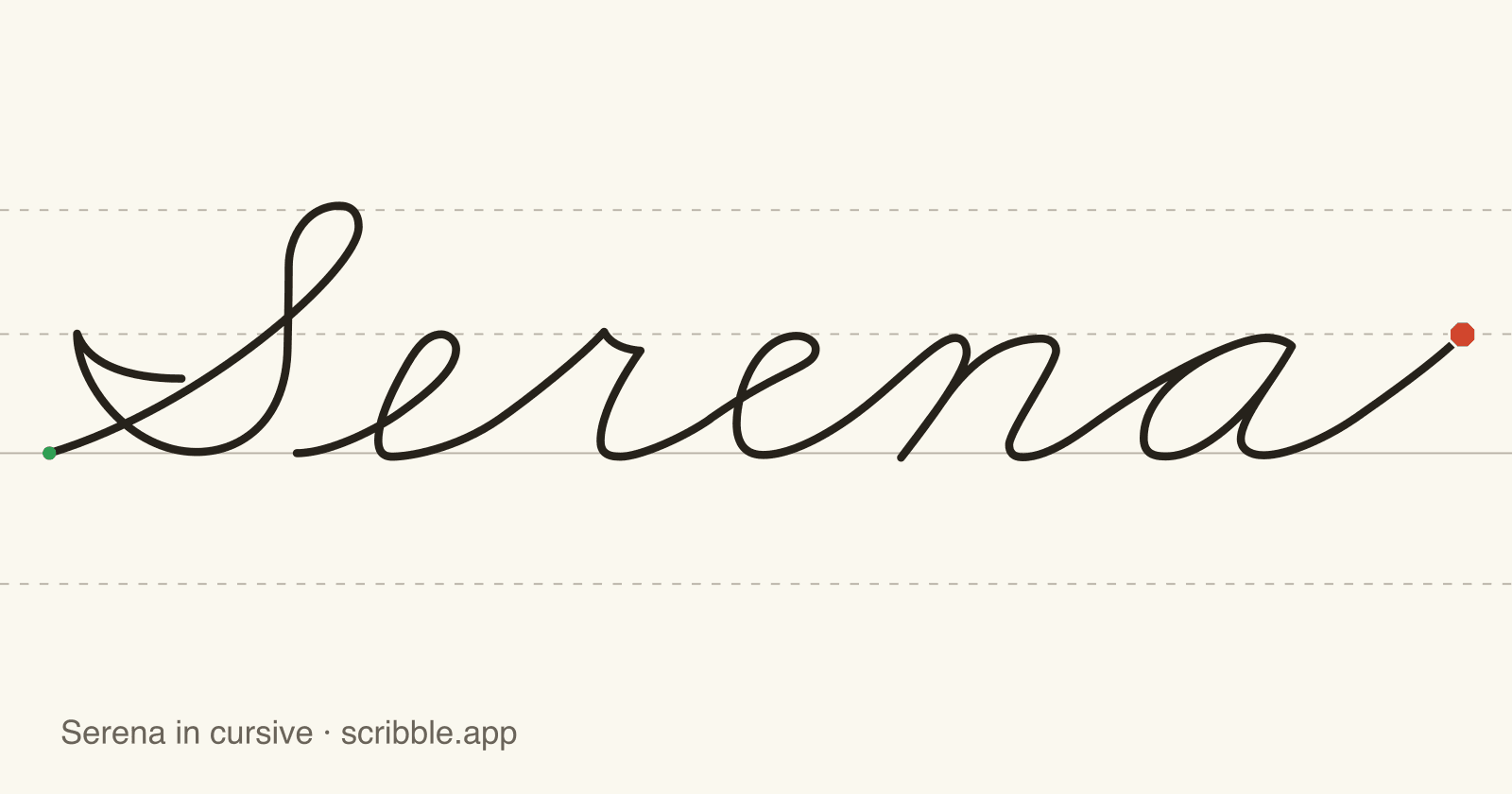 Serena written in cursive on handwriting guidelines, with a green starting dot and a red stop sign