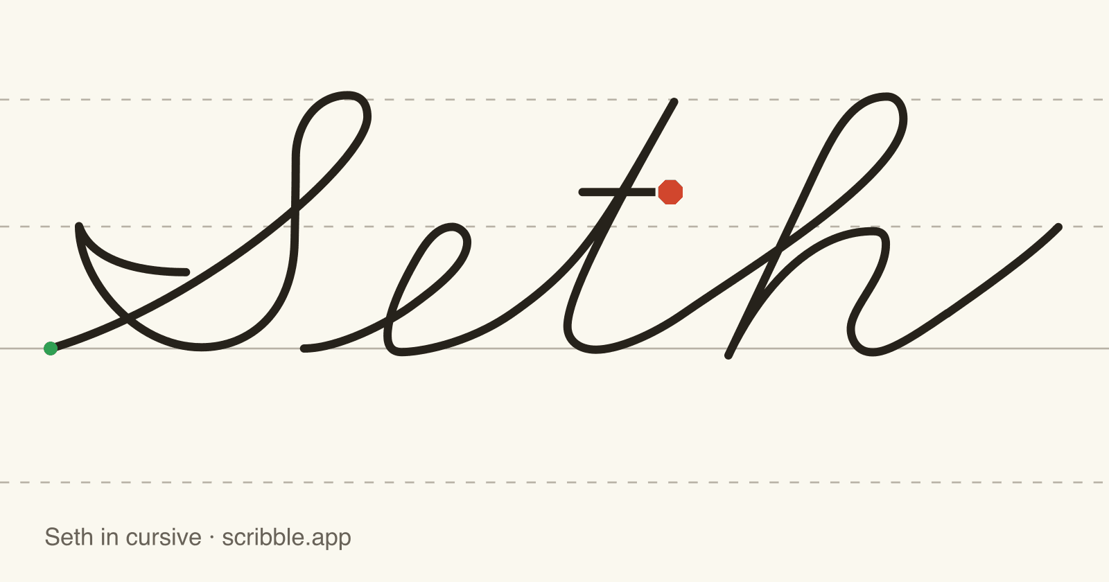 Seth written in cursive on handwriting guidelines, with a green starting dot and a red stop sign