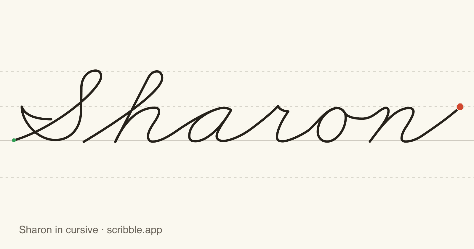 Sharon written in cursive on handwriting guidelines, with a green starting dot and a red stop sign