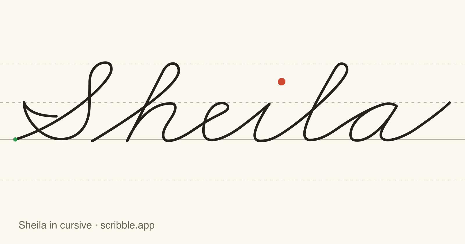 Sheila written in cursive on handwriting guidelines, with a green starting dot and a red stop sign