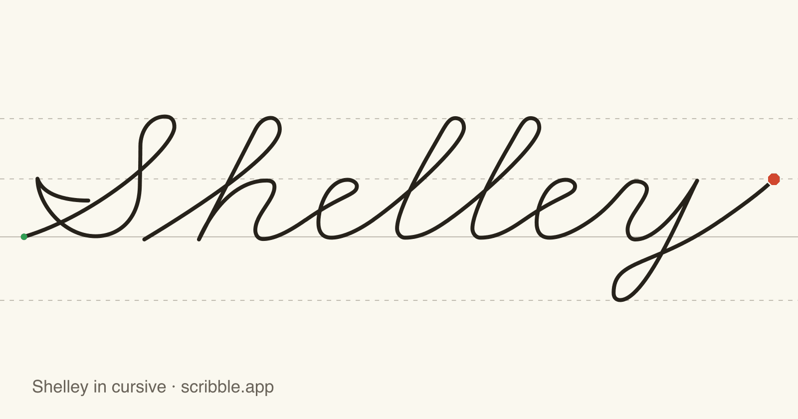 Shelley written in cursive on handwriting guidelines, with a green starting dot and a red stop sign