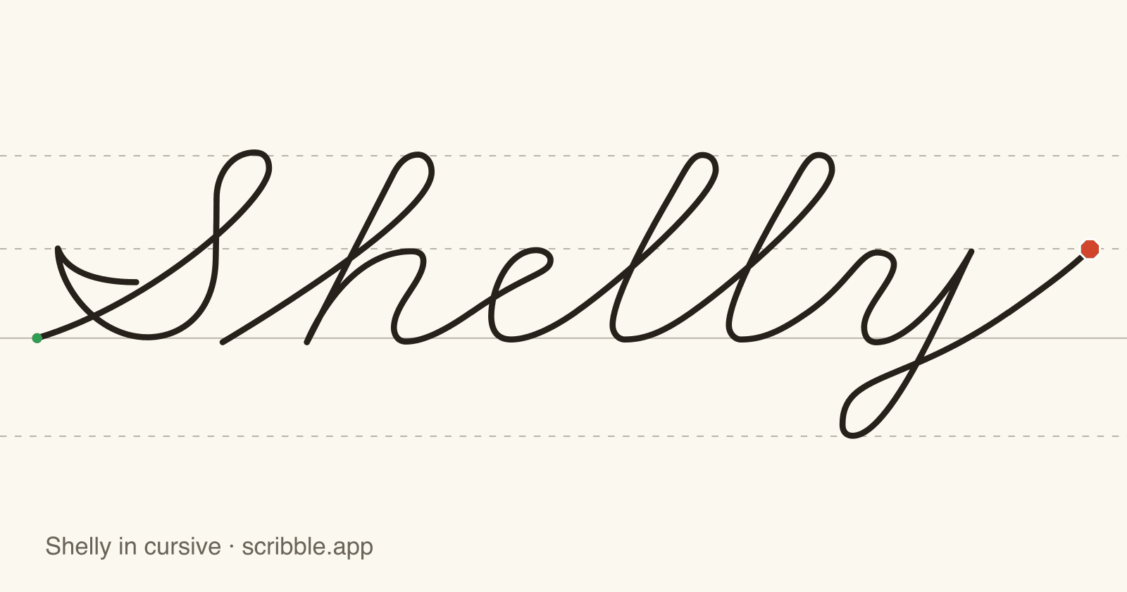 Shelly written in cursive on handwriting guidelines, with a green starting dot and a red stop sign