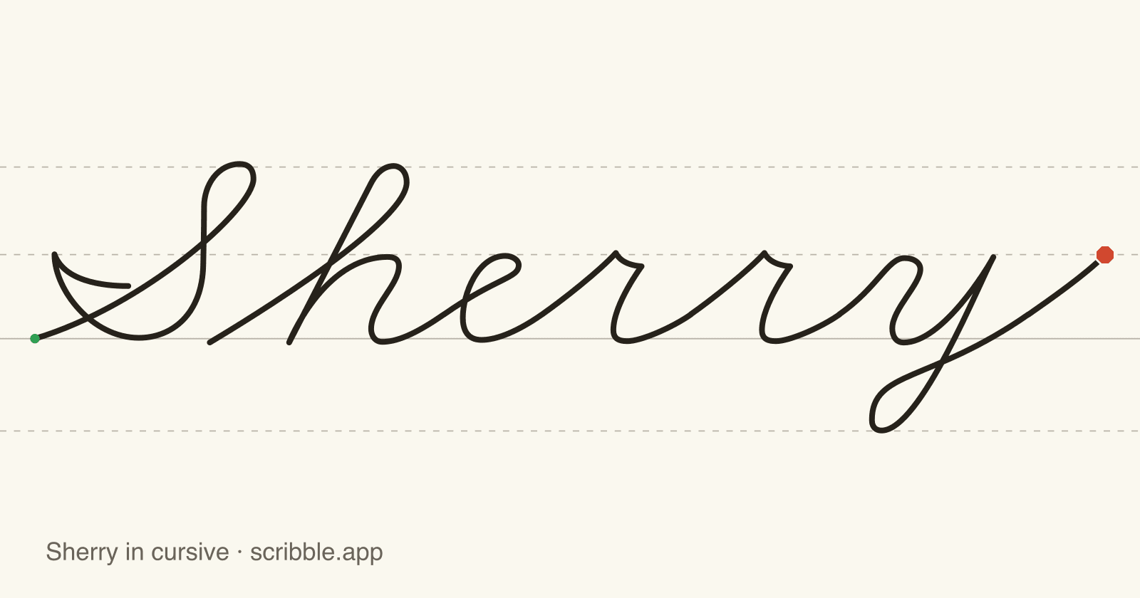 Sherry written in cursive on handwriting guidelines, with a green starting dot and a red stop sign