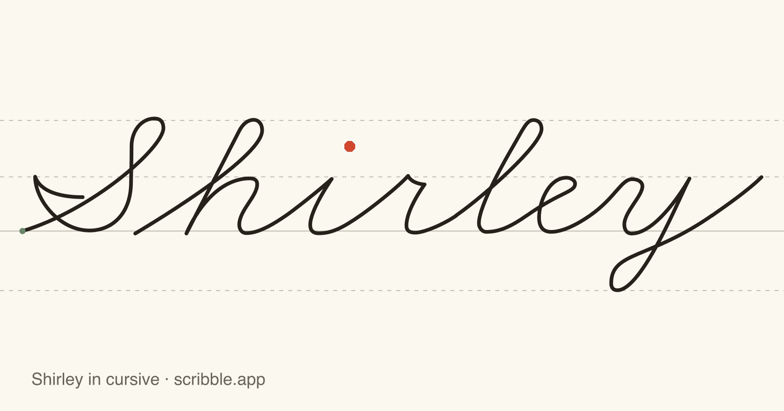 Shirley written in cursive on handwriting guidelines, with a green starting dot and a red stop sign
