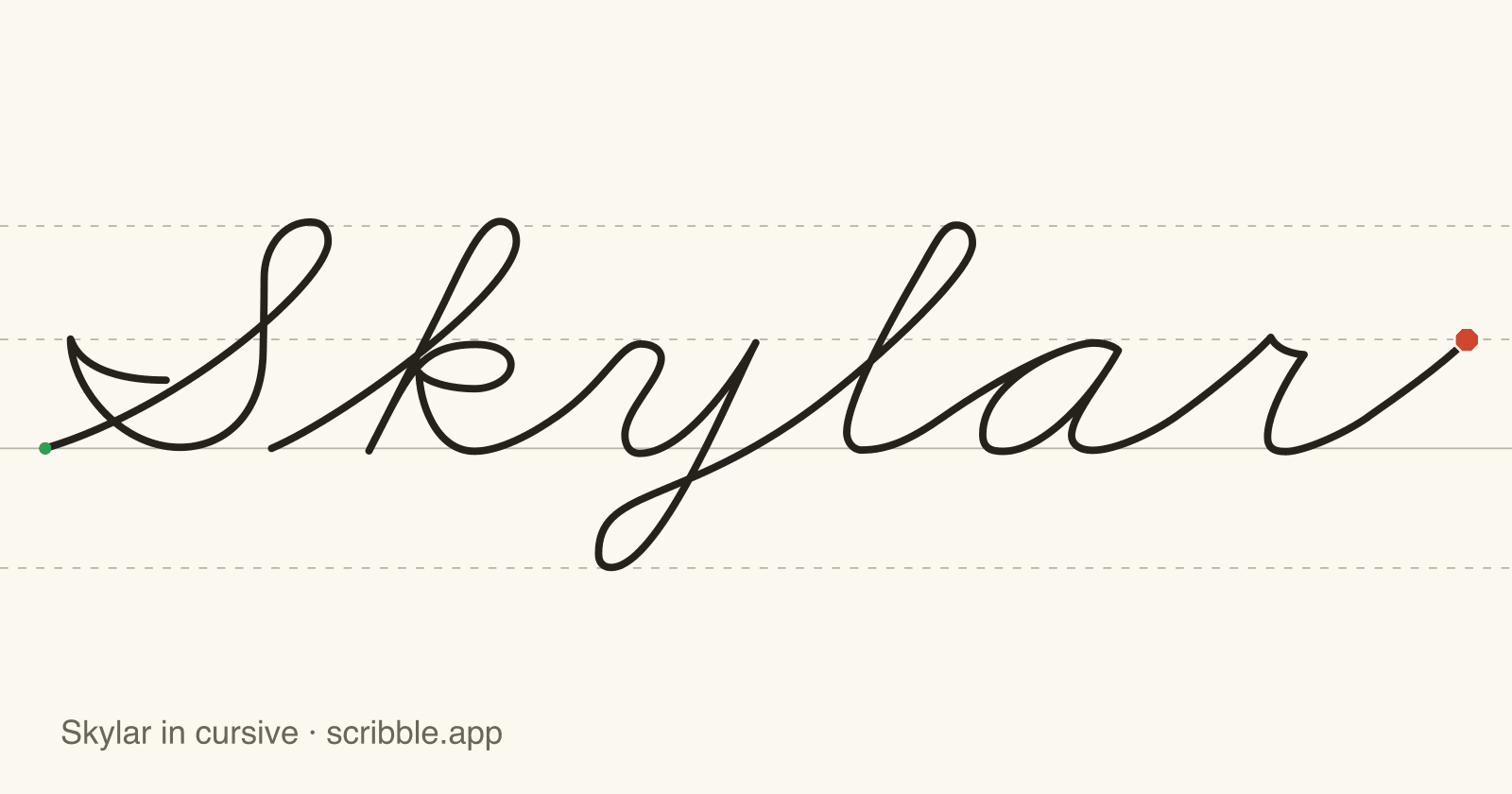 Skylar written in cursive on handwriting guidelines, with a green starting dot and a red stop sign