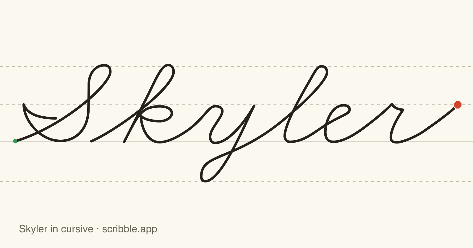 Skyler written in cursive on handwriting guidelines, with a green starting dot and a red stop sign