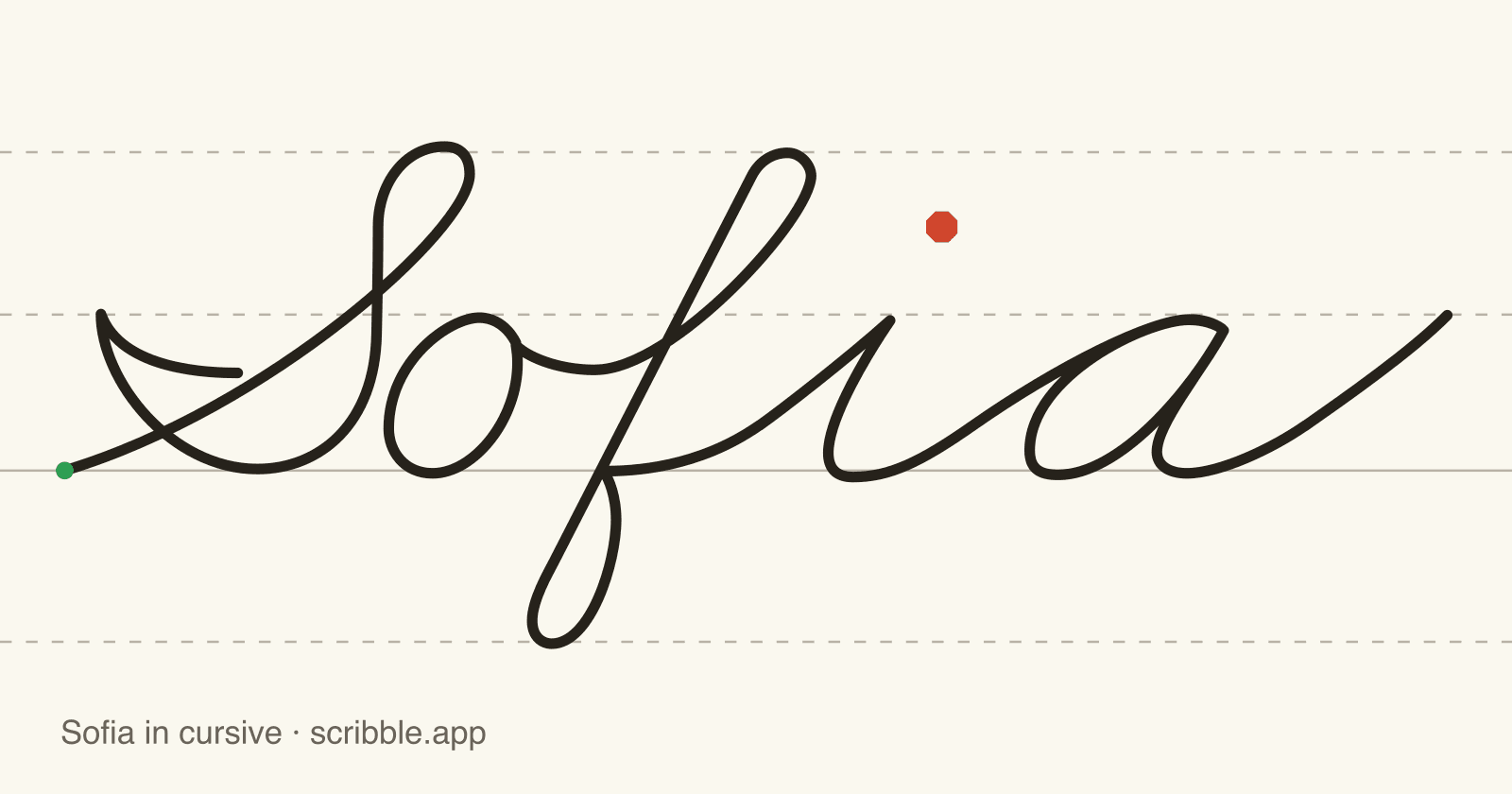 Sofia written in cursive on handwriting guidelines, with a green starting dot and a red stop sign