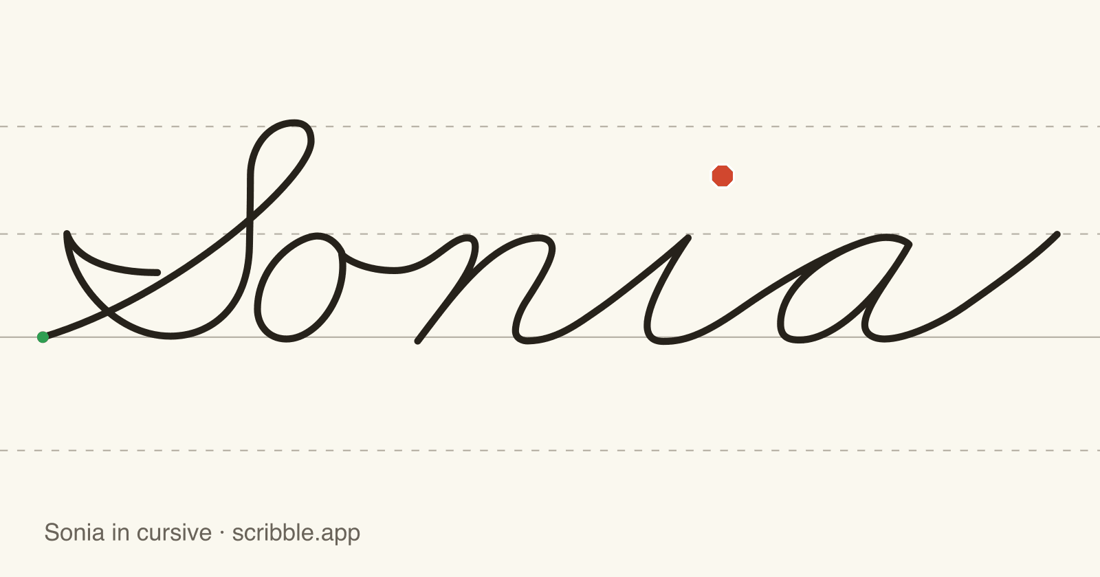 Sonia written in cursive on handwriting guidelines, with a green starting dot and a red stop sign