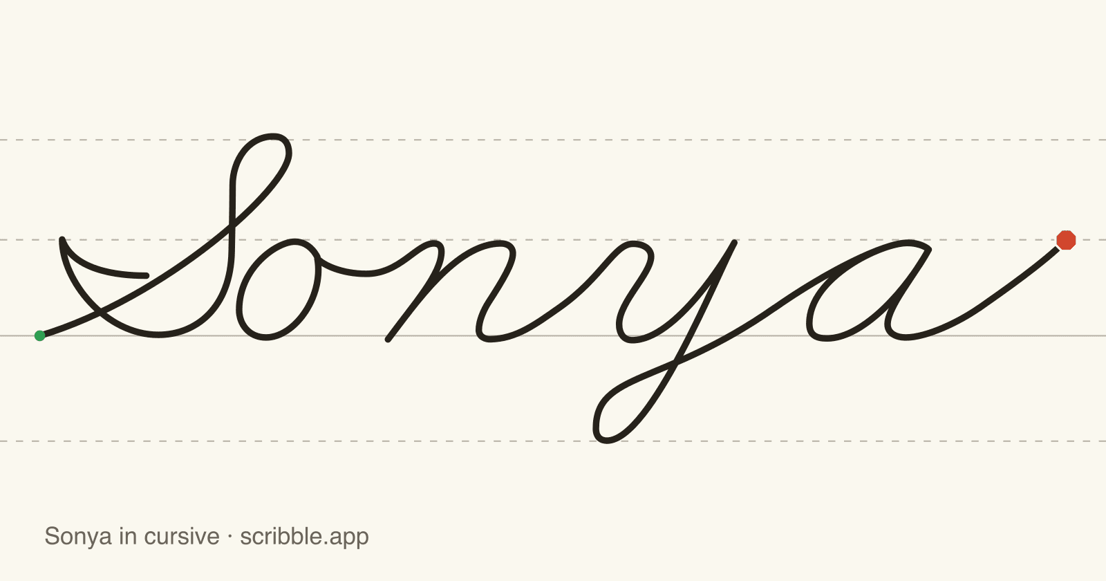 Sonya written in cursive on handwriting guidelines, with a green starting dot and a red stop sign