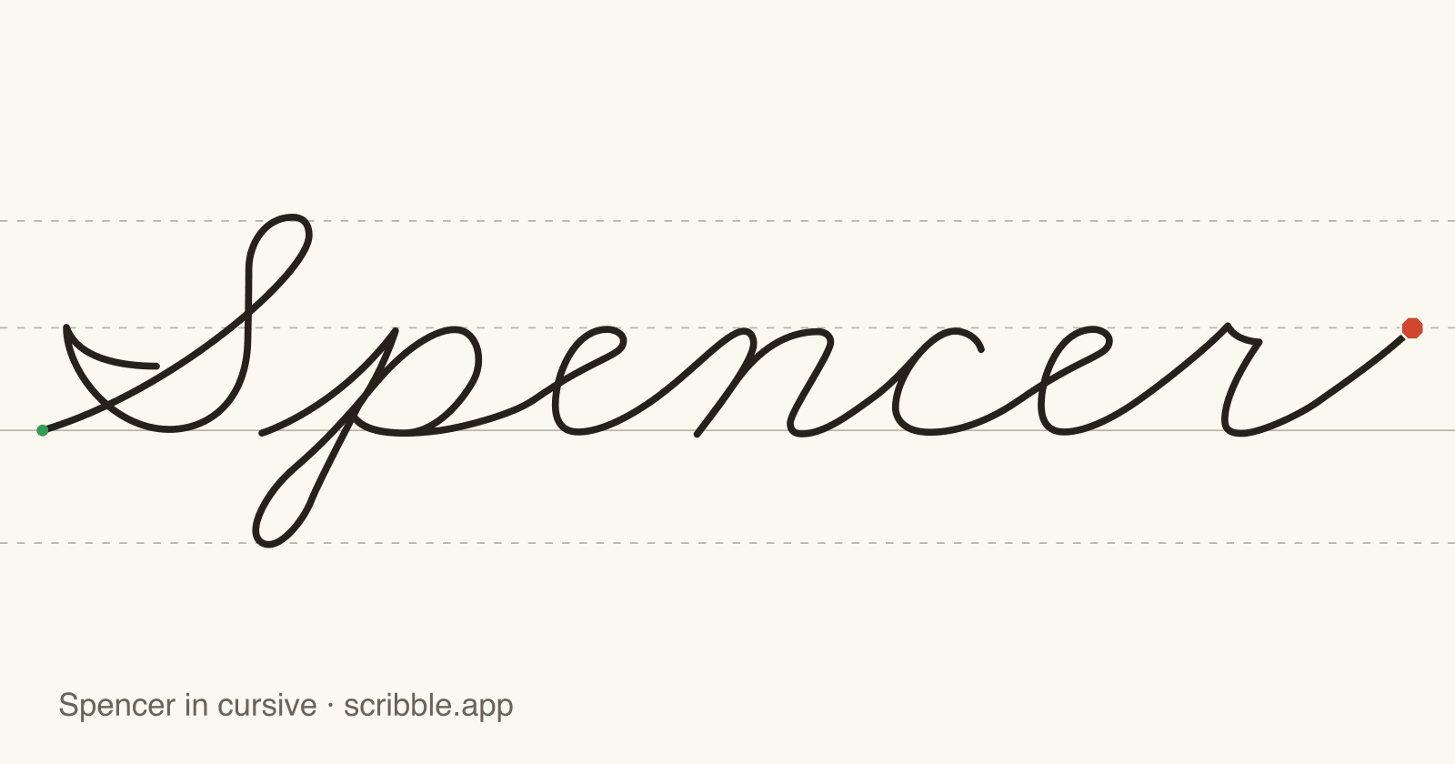 Spencer written in cursive on handwriting guidelines, with a green starting dot and a red stop sign