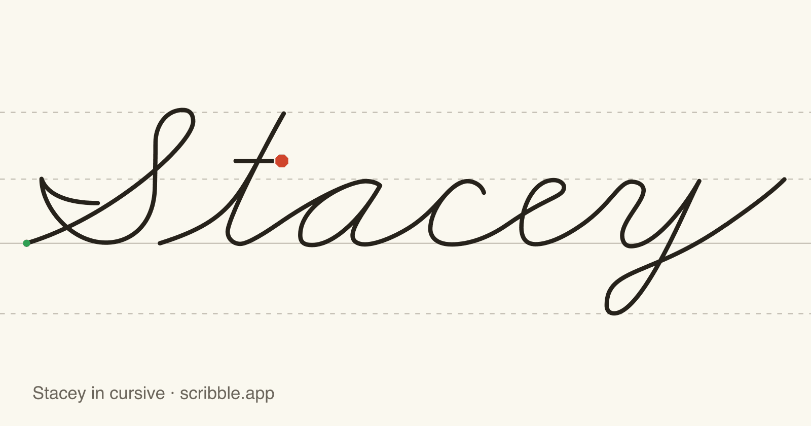 Stacey written in cursive on handwriting guidelines, with a green starting dot and a red stop sign