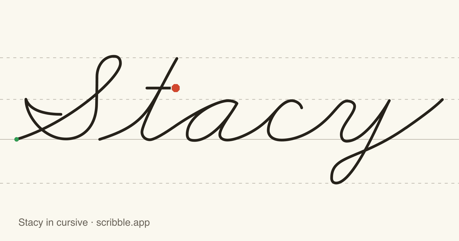 Stacy written in cursive on handwriting guidelines, with a green starting dot and a red stop sign