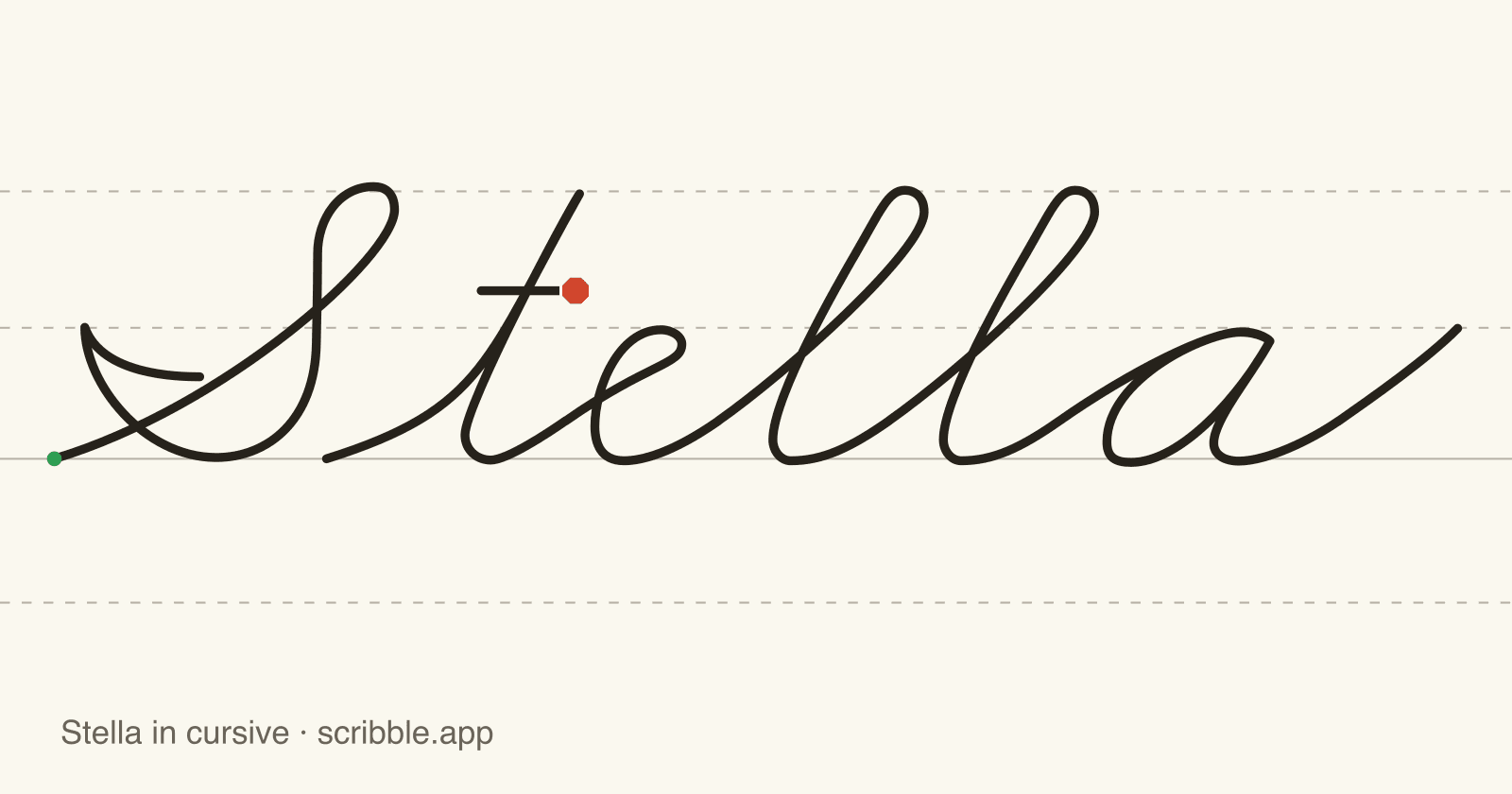 Stella written in cursive on handwriting guidelines, with a green starting dot and a red stop sign