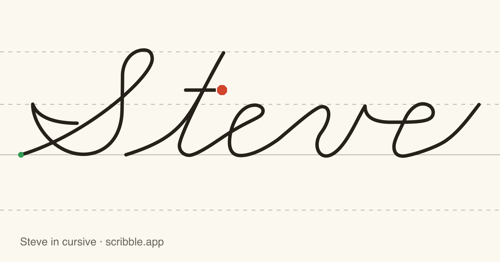 Steve written in cursive on handwriting guidelines, with a green starting dot and a red stop sign