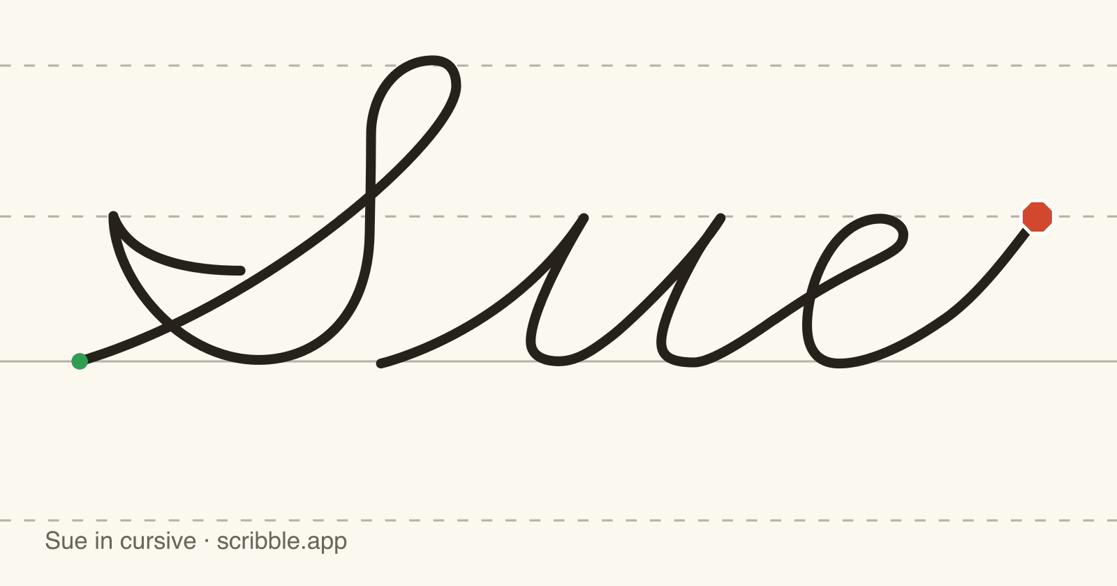 Sue written in cursive on handwriting guidelines, with a green starting dot and a red stop sign