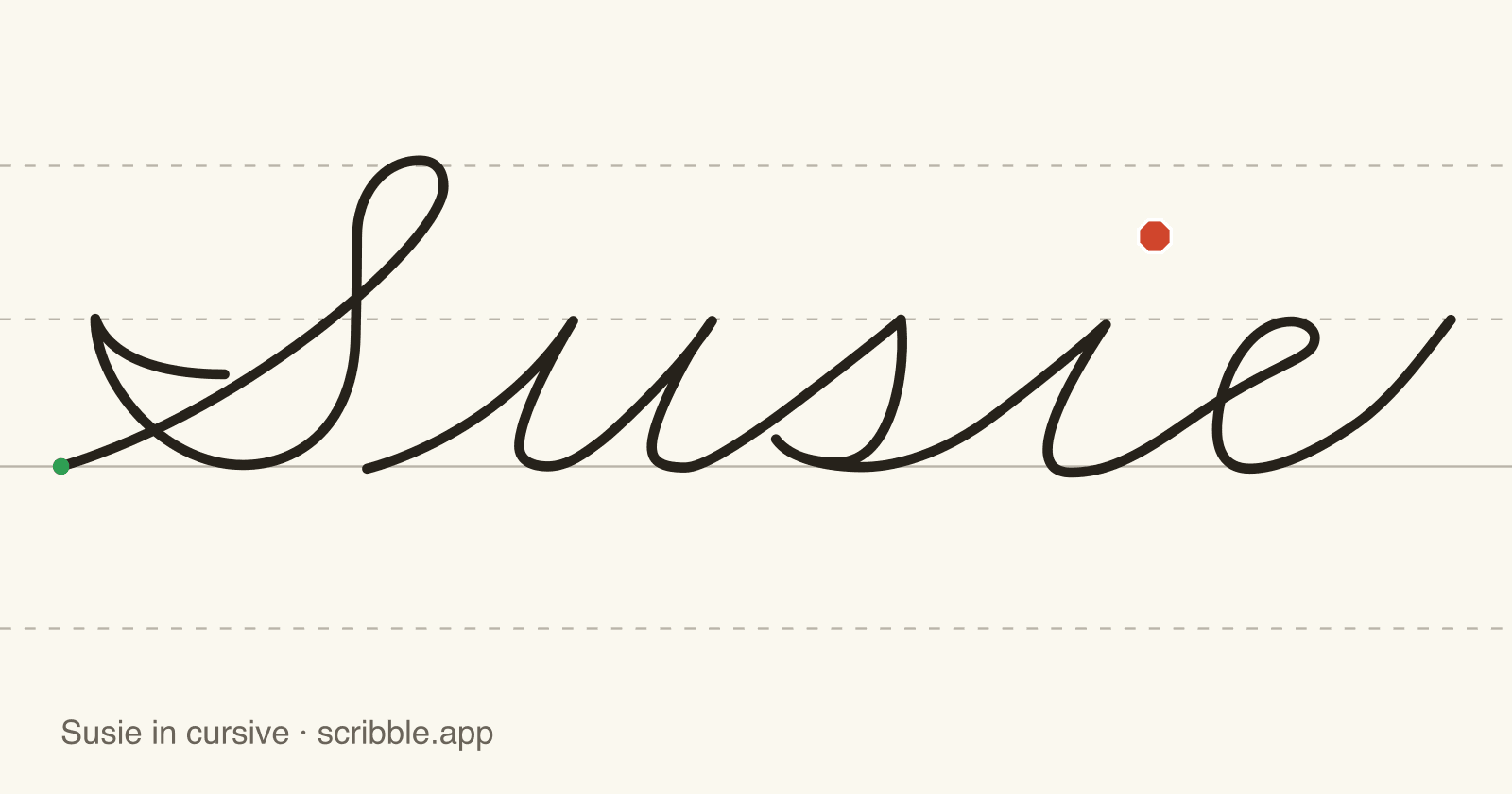 Susie written in cursive on handwriting guidelines, with a green starting dot and a red stop sign