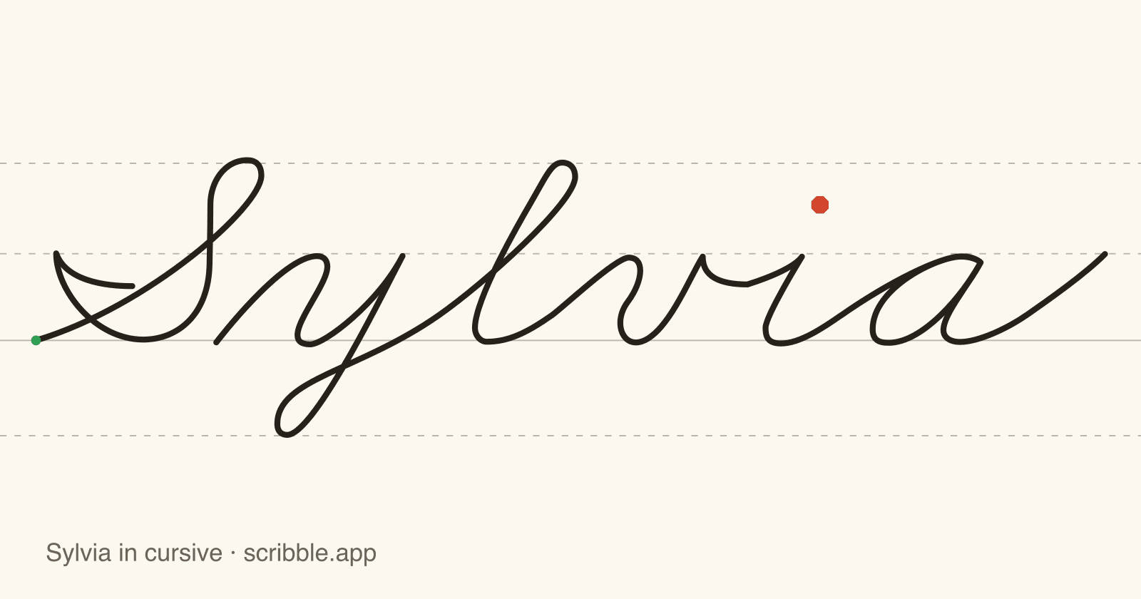 Sylvia written in cursive on handwriting guidelines, with a green starting dot and a red stop sign