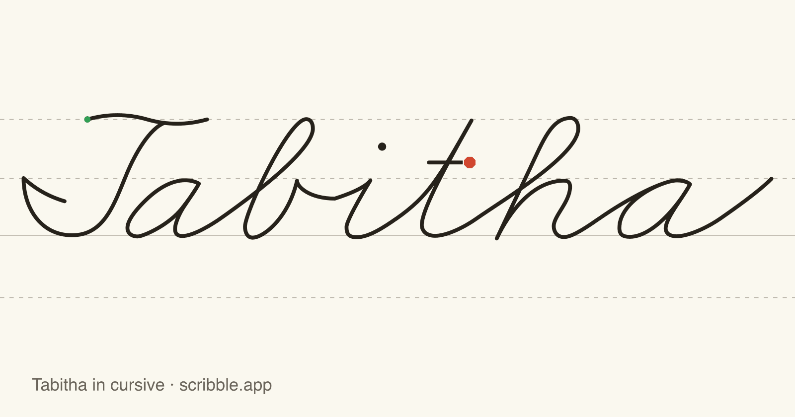 Tabitha written in cursive on handwriting guidelines, with a green starting dot and a red stop sign