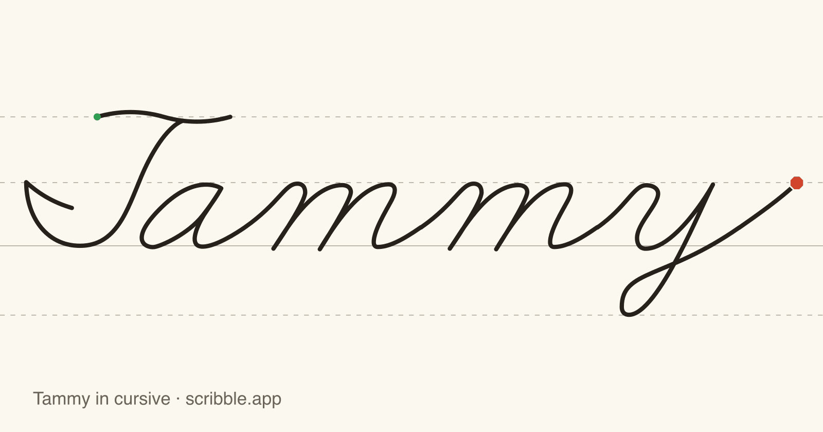 Tammy written in cursive on handwriting guidelines, with a green starting dot and a red stop sign