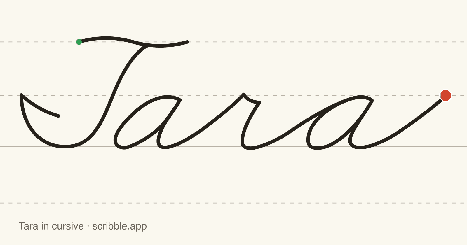 Tara written in cursive on handwriting guidelines, with a green starting dot and a red stop sign