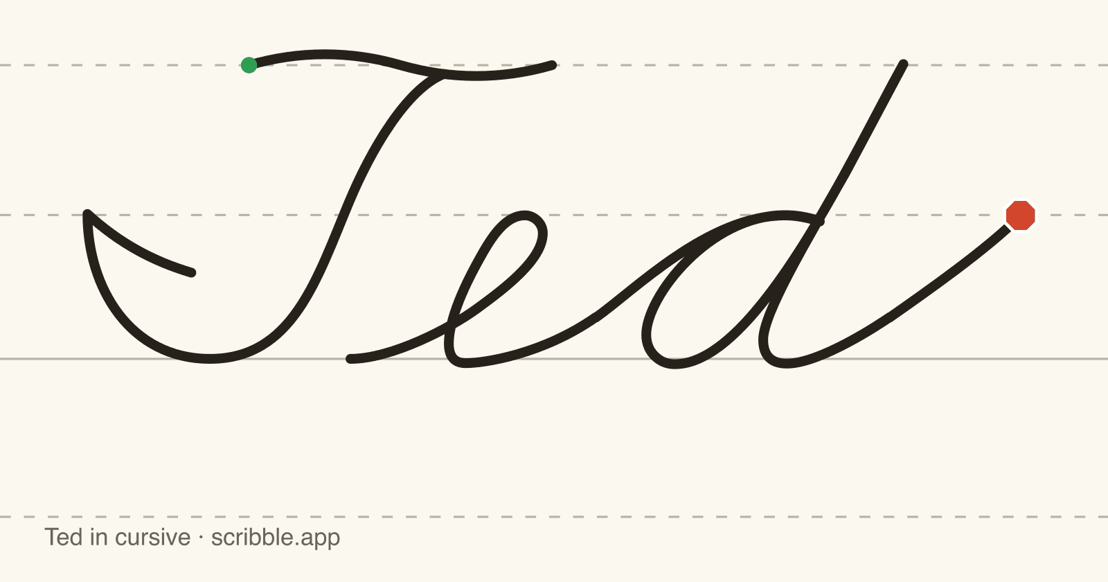 Ted written in cursive on handwriting guidelines, with a green starting dot and a red stop sign