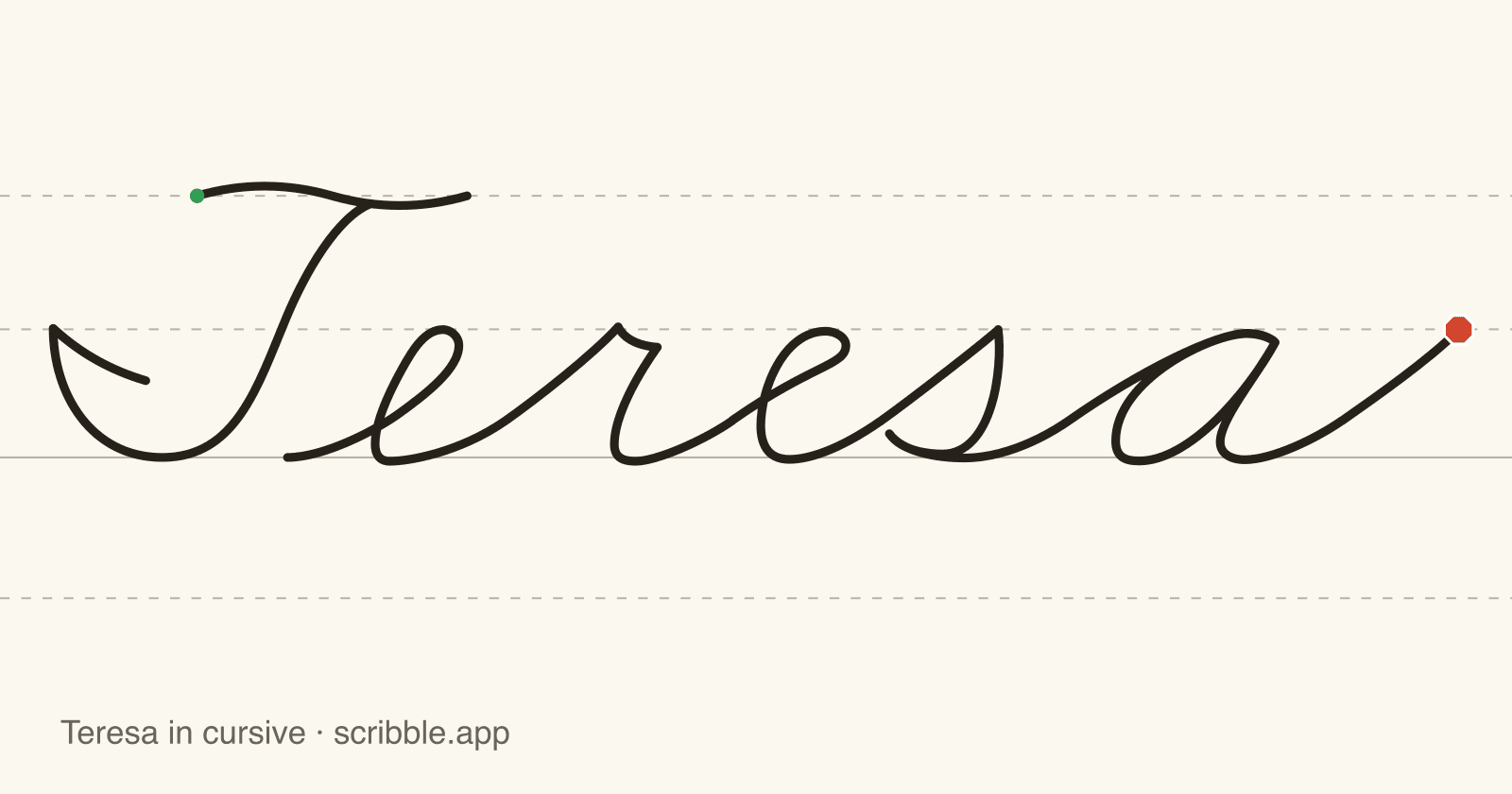 Teresa written in cursive on handwriting guidelines, with a green starting dot and a red stop sign