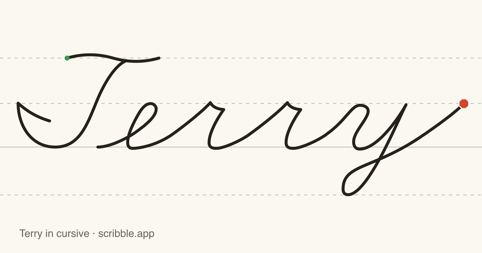 Terry written in cursive on handwriting guidelines, with a green starting dot and a red stop sign