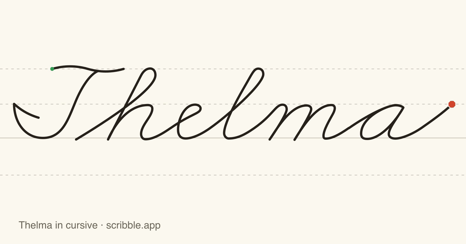 Thelma written in cursive on handwriting guidelines, with a green starting dot and a red stop sign