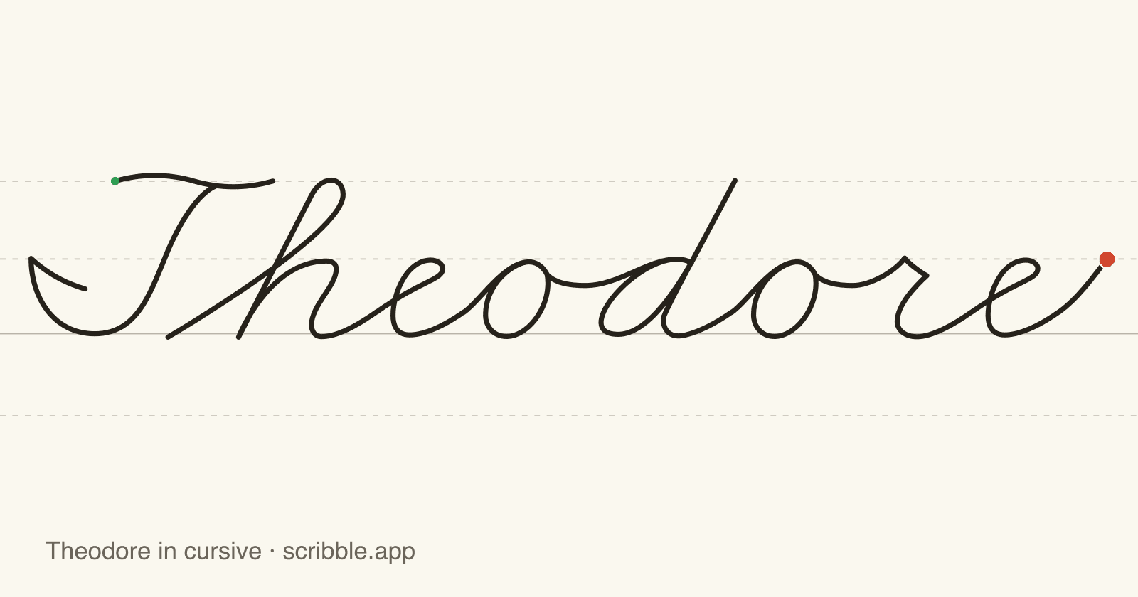 Theodore written in cursive on handwriting guidelines, with a green starting dot and a red stop sign