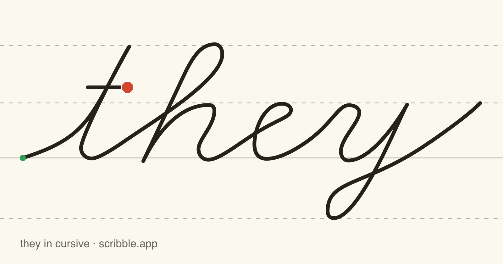 they written in cursive on handwriting guidelines, with a green starting dot and a red stop sign