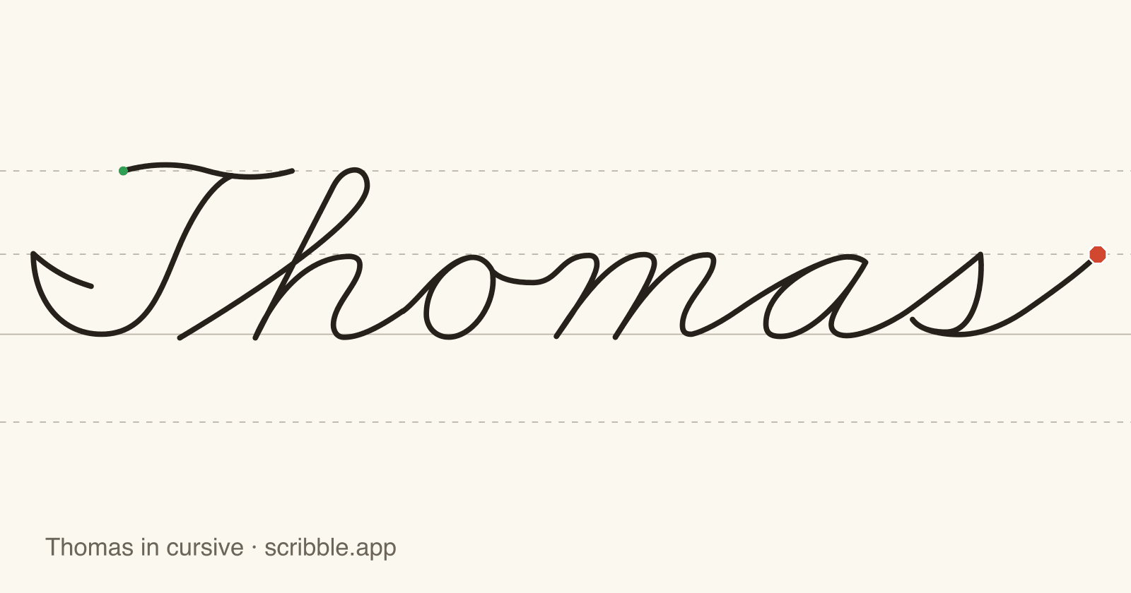 Thomas written in cursive on handwriting guidelines, with a green starting dot and a red stop sign