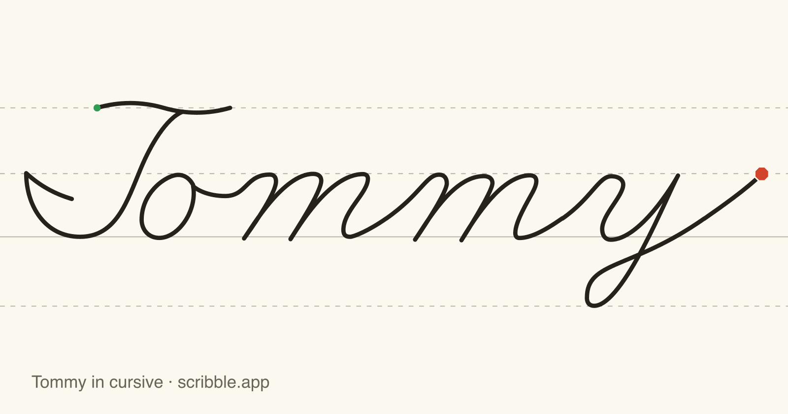 Tommy written in cursive on handwriting guidelines, with a green starting dot and a red stop sign
