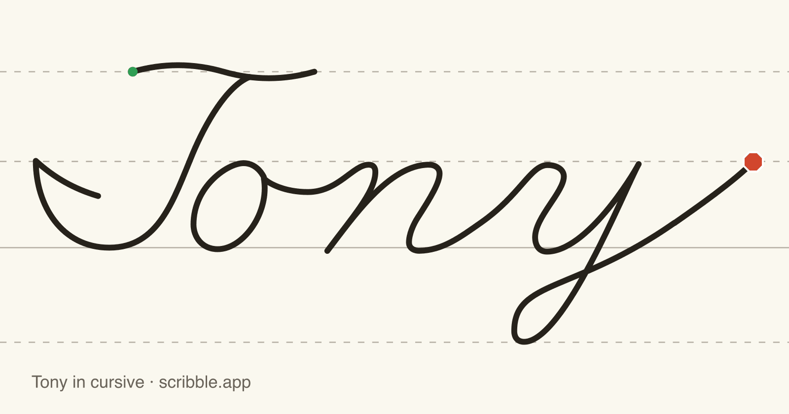 Tony written in cursive on handwriting guidelines, with a green starting dot and a red stop sign