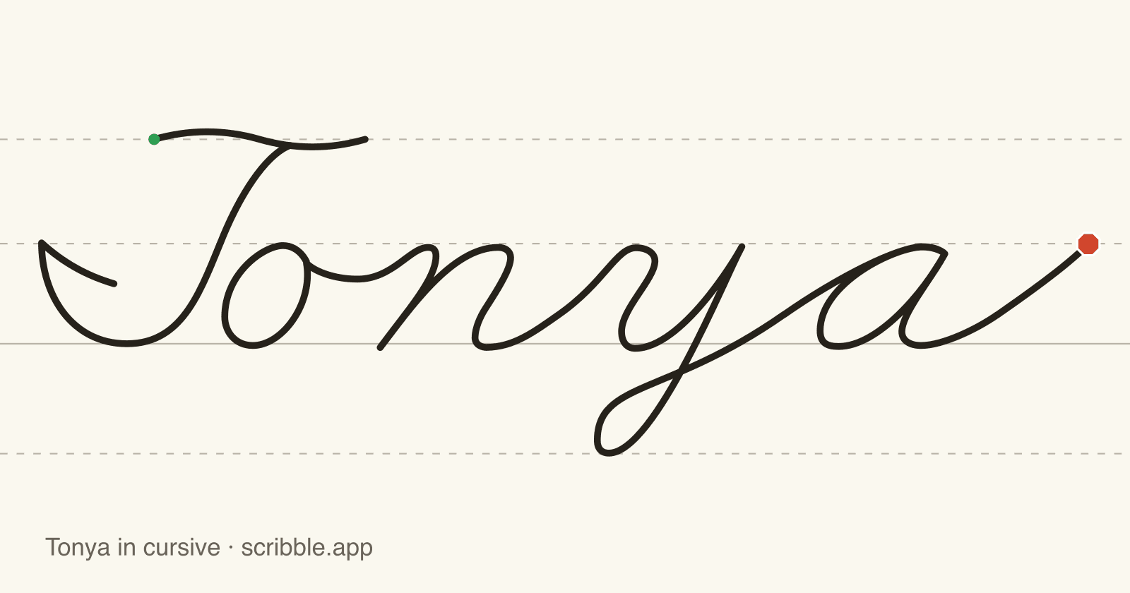 Tonya written in cursive on handwriting guidelines, with a green starting dot and a red stop sign