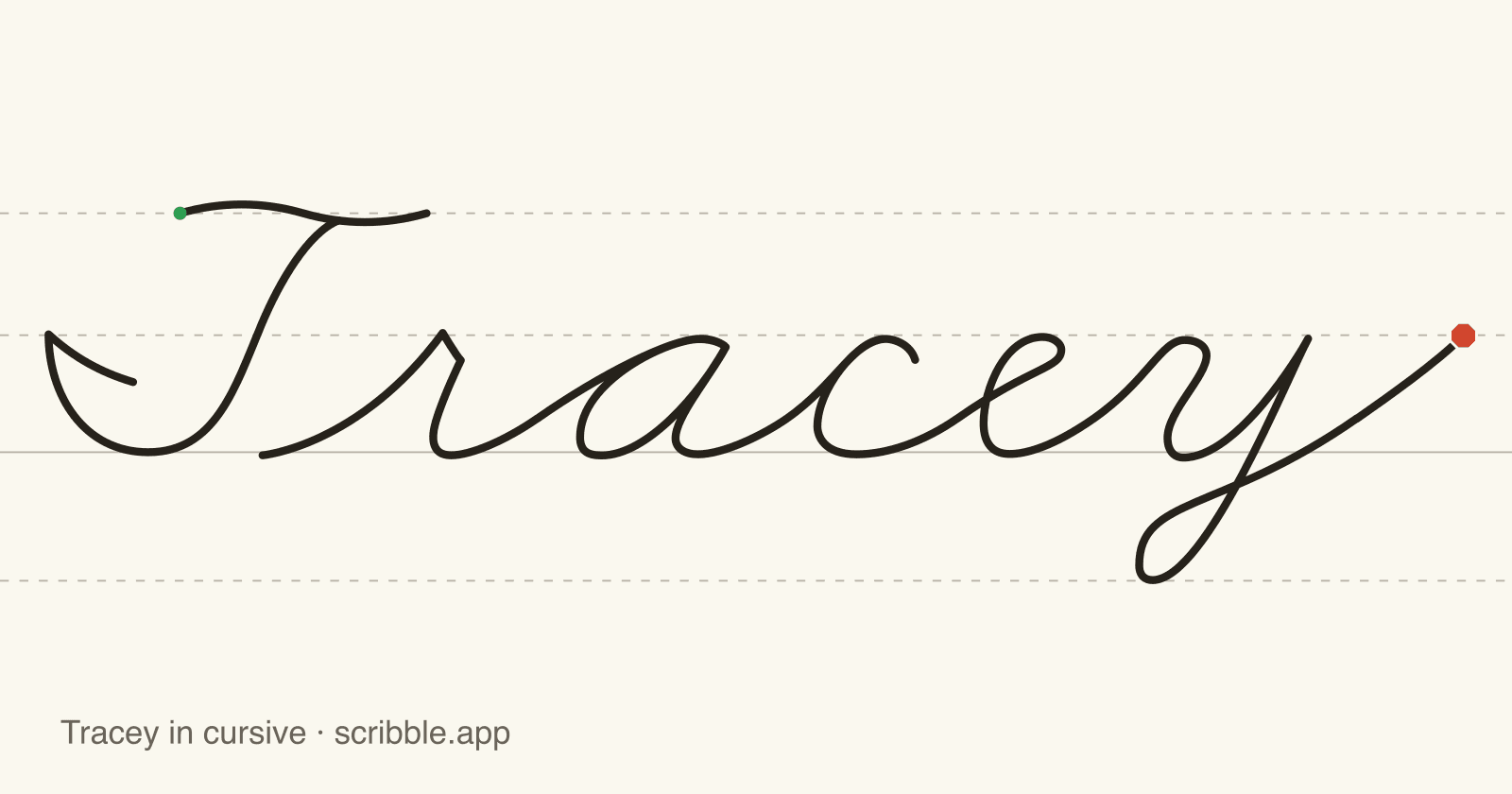 Tracey written in cursive on handwriting guidelines, with a green starting dot and a red stop sign