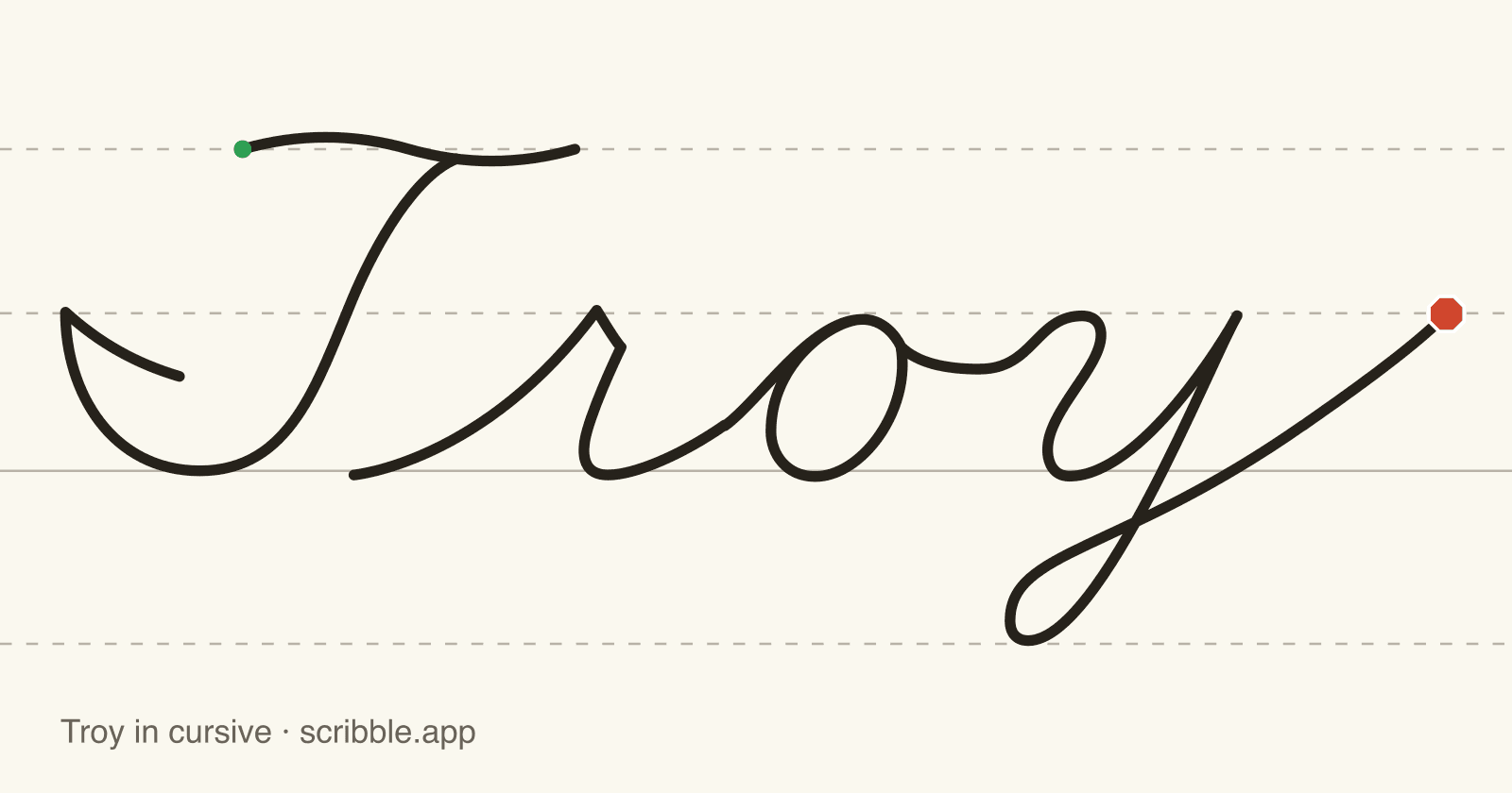 Troy written in cursive on handwriting guidelines, with a green starting dot and a red stop sign