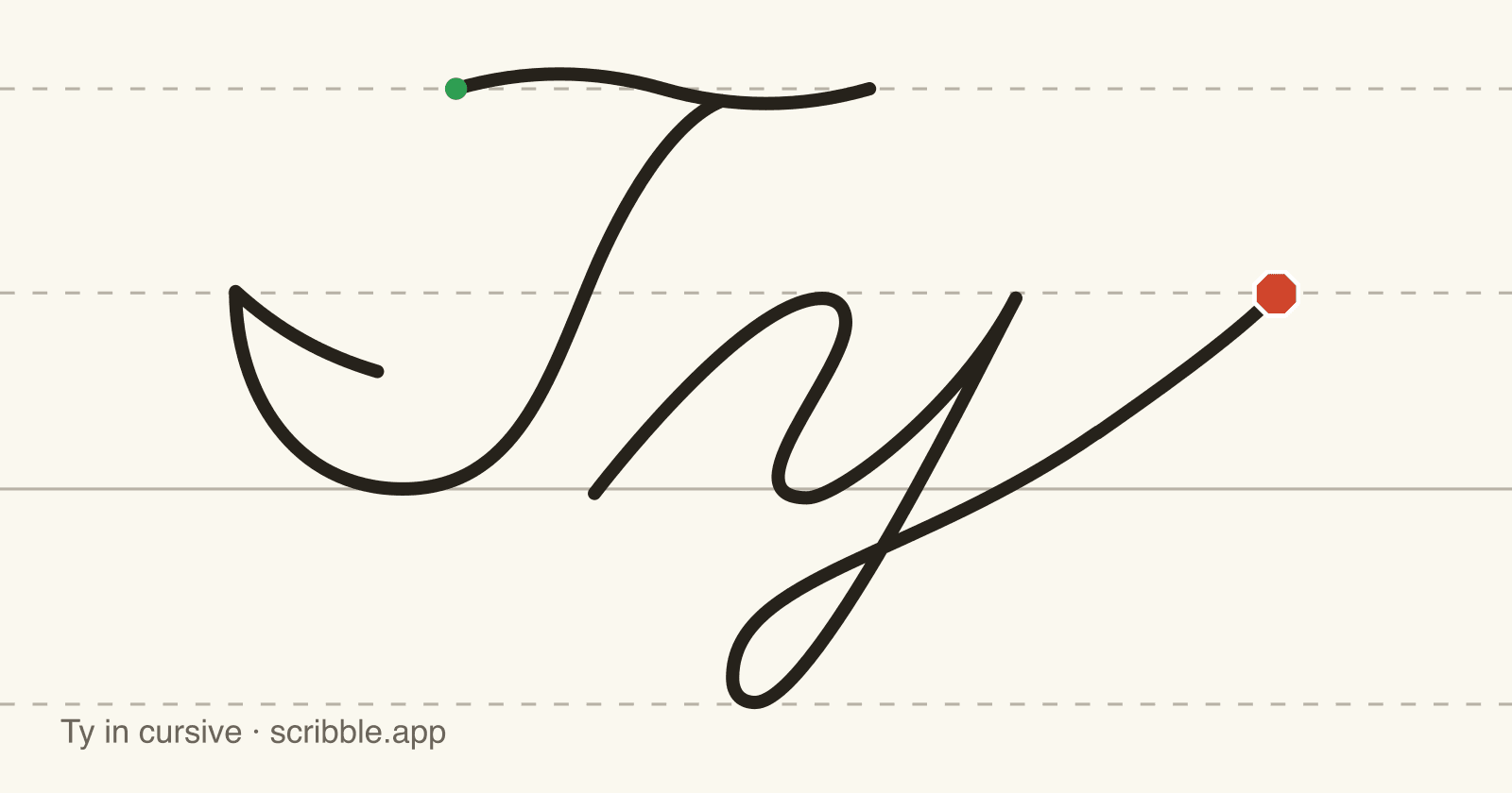 Ty written in cursive on handwriting guidelines, with a green starting dot and a red stop sign