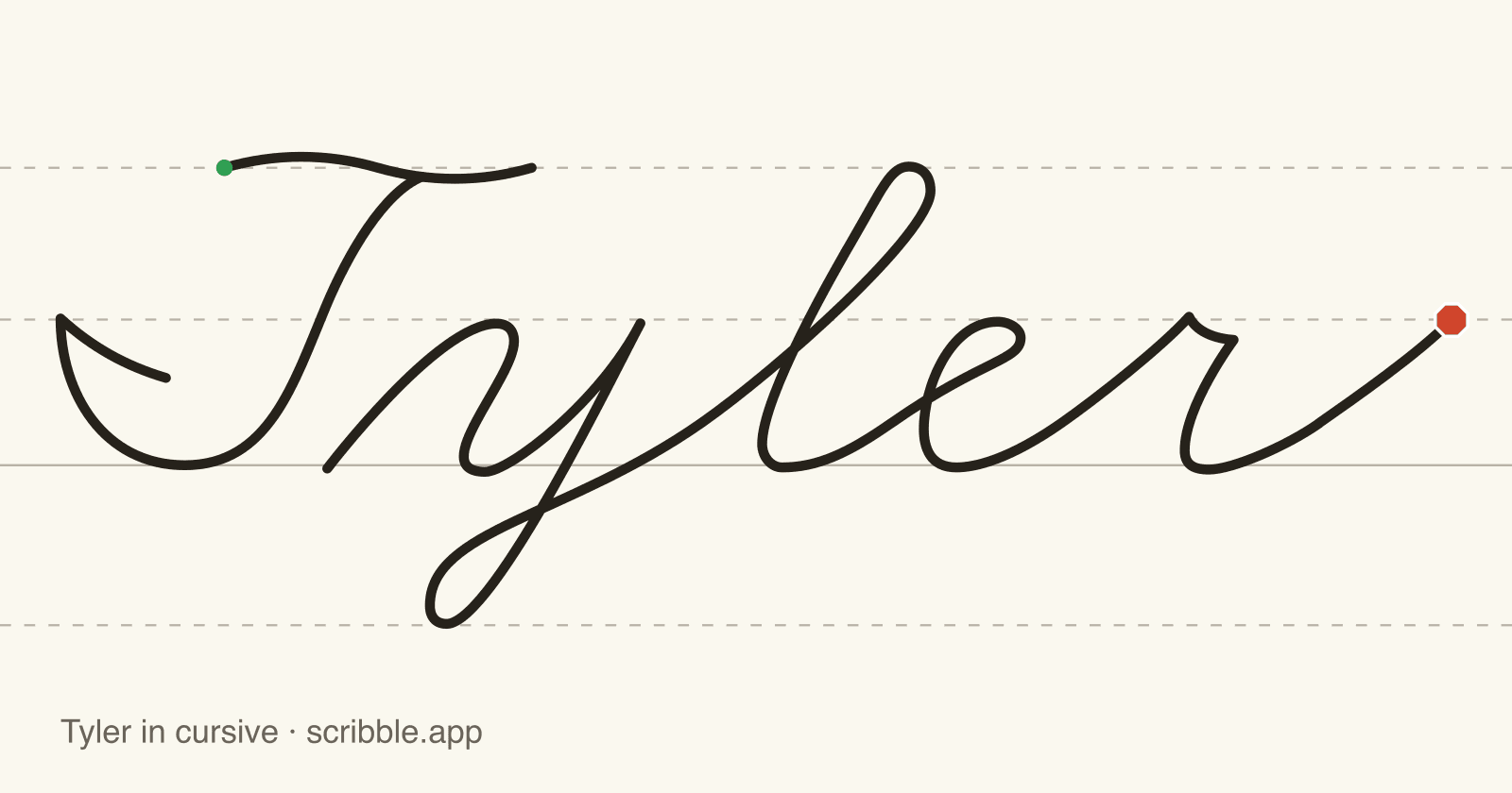 Tyler written in cursive on handwriting guidelines, with a green starting dot and a red stop sign