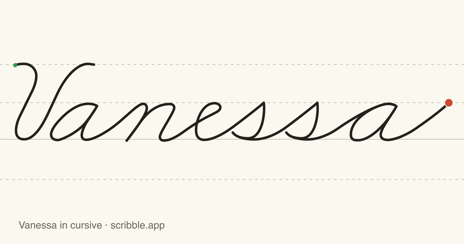 Vanessa written in cursive on handwriting guidelines, with a green starting dot and a red stop sign
