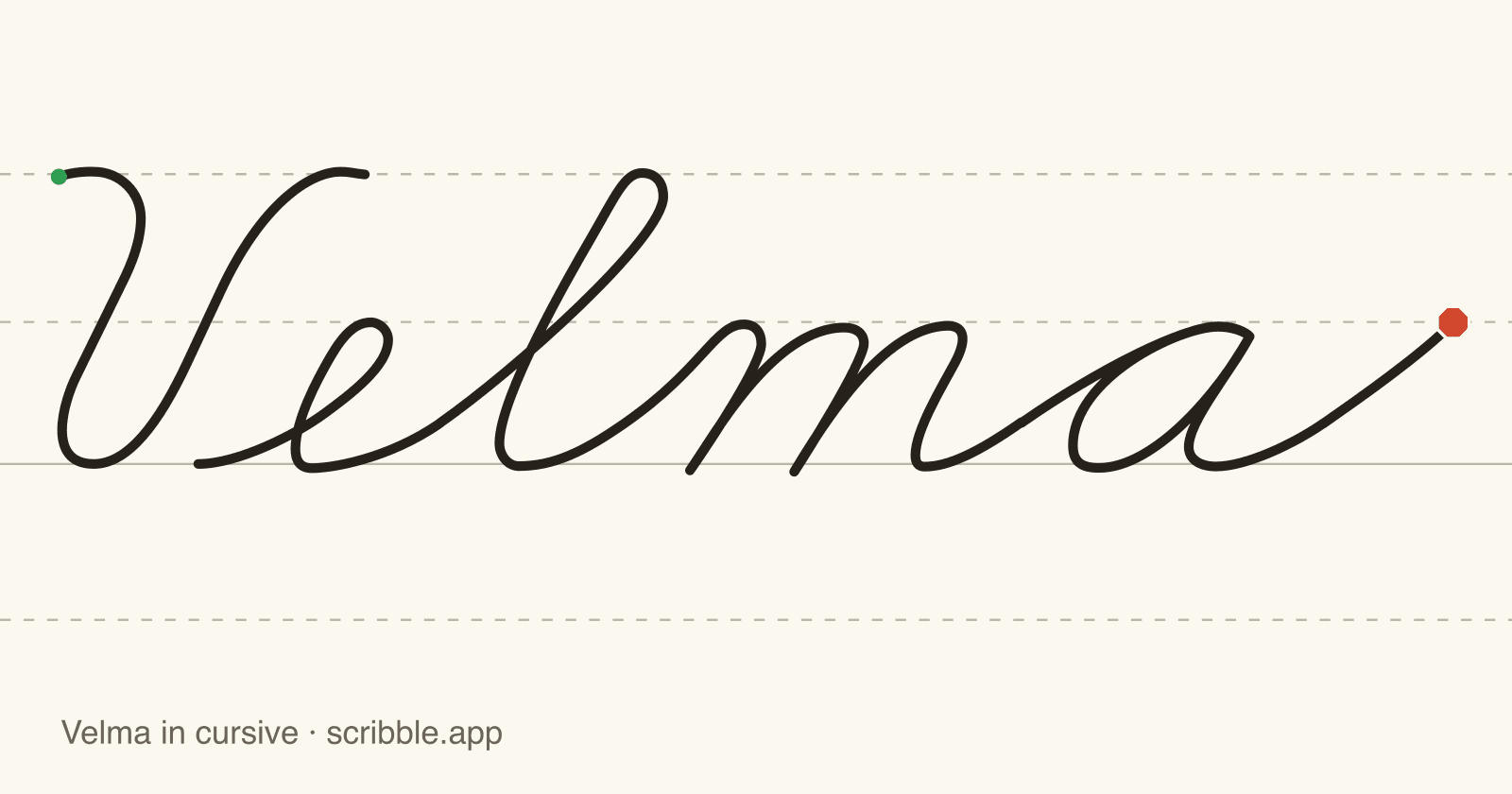 Velma written in cursive on handwriting guidelines, with a green starting dot and a red stop sign