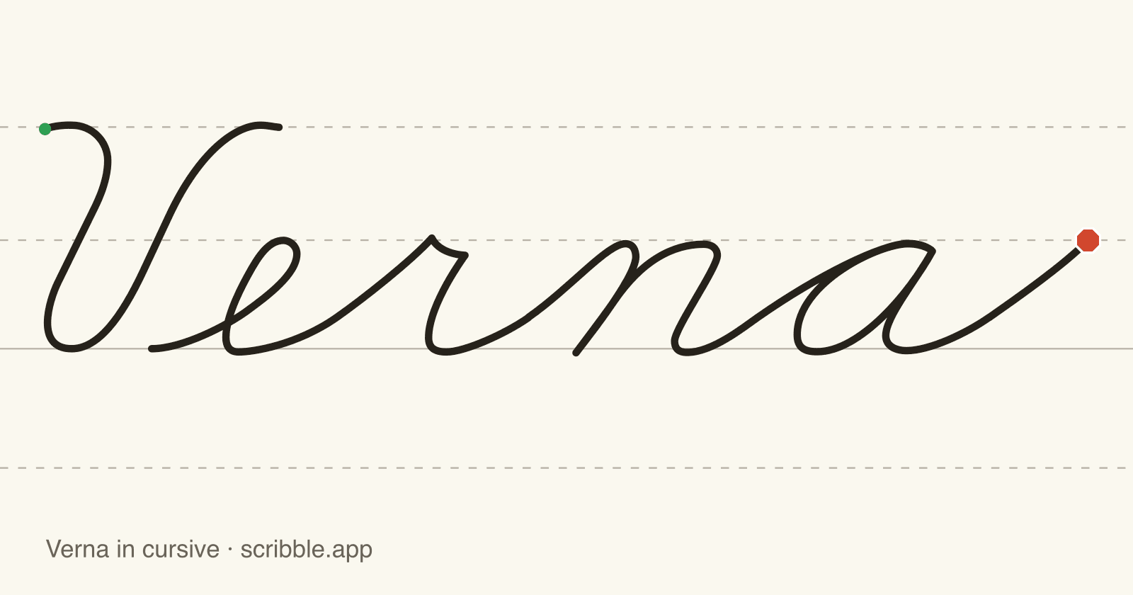 Verna written in cursive on handwriting guidelines, with a green starting dot and a red stop sign