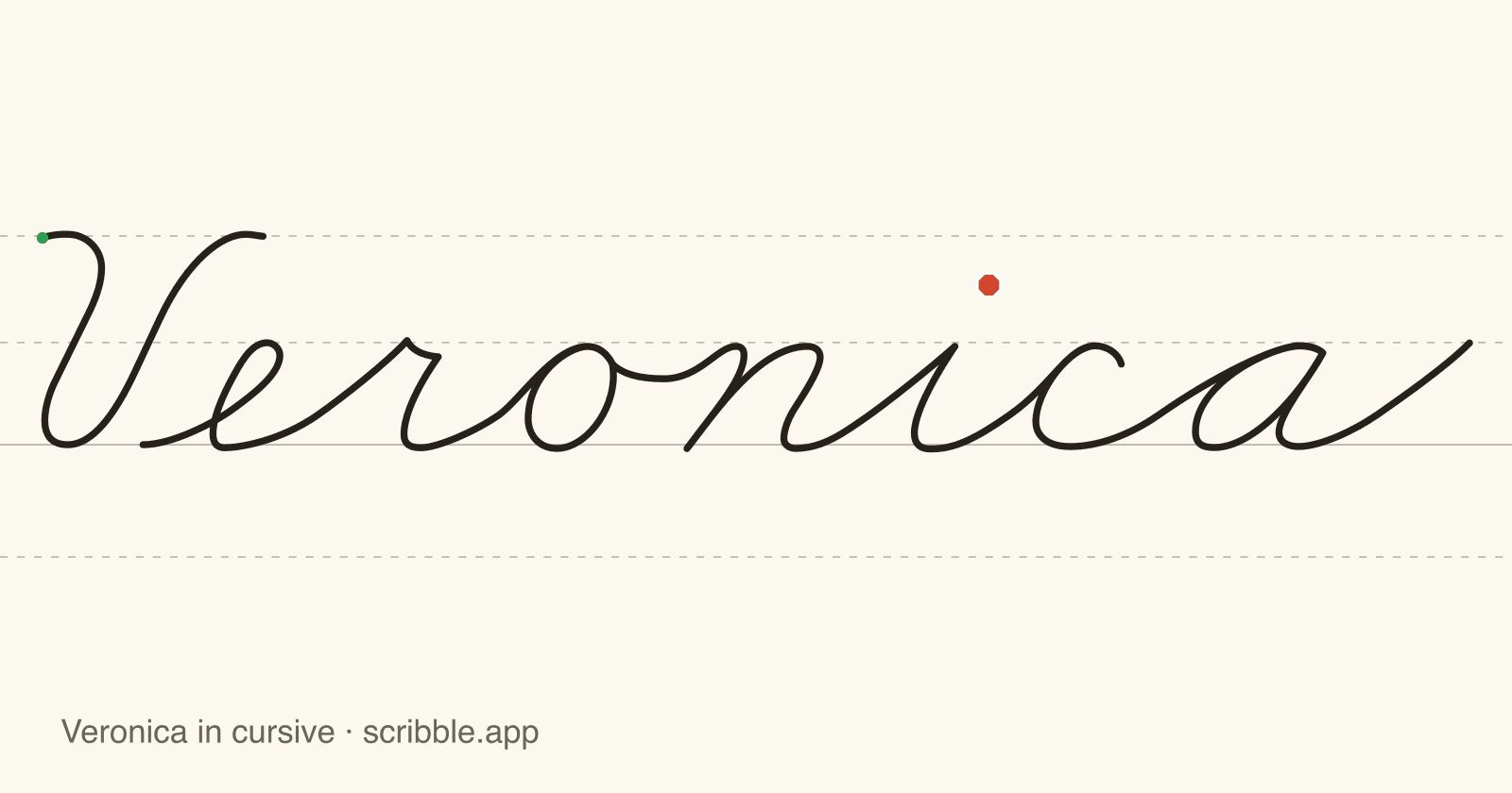 Veronica written in cursive on handwriting guidelines, with a green starting dot and a red stop sign
