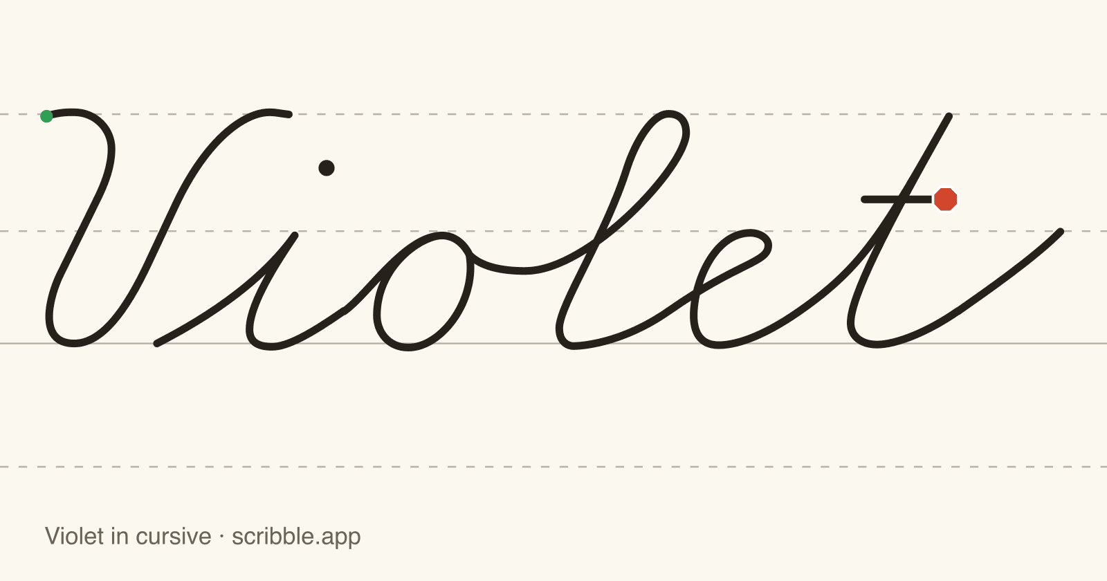 Violet written in cursive on handwriting guidelines, with a green starting dot and a red stop sign