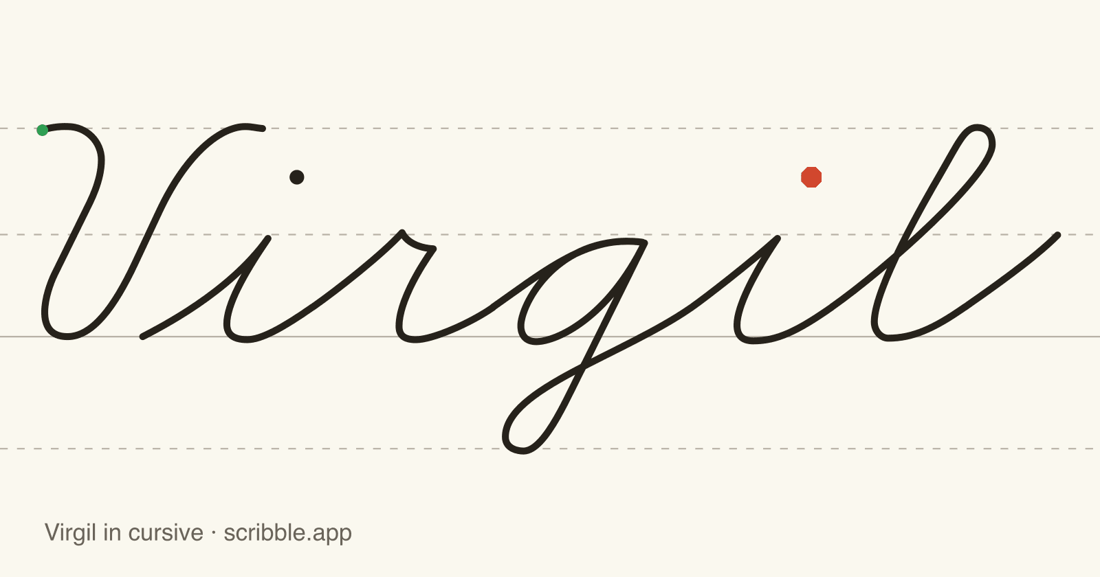 Virgil written in cursive on handwriting guidelines, with a green starting dot and a red stop sign
