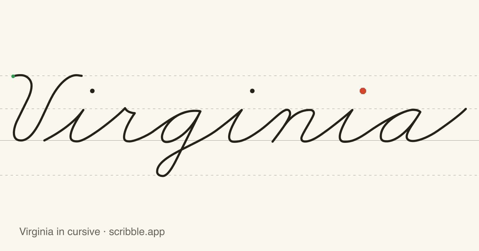 Virginia written in cursive on handwriting guidelines, with a green starting dot and a red stop sign