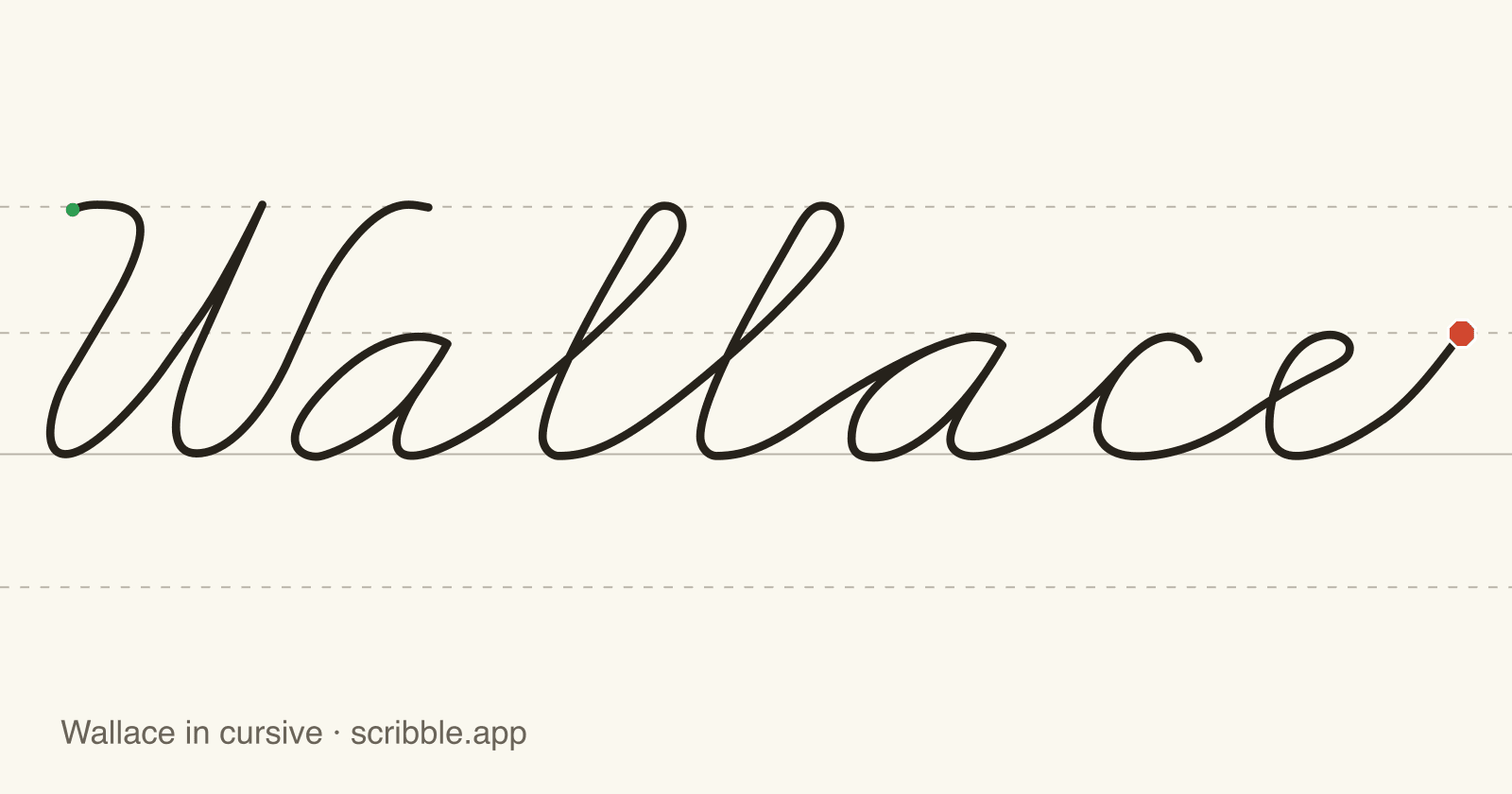 Wallace written in cursive on handwriting guidelines, with a green starting dot and a red stop sign