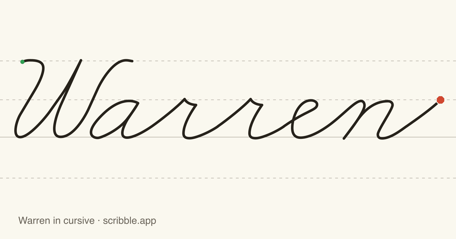 Warren written in cursive on handwriting guidelines, with a green starting dot and a red stop sign