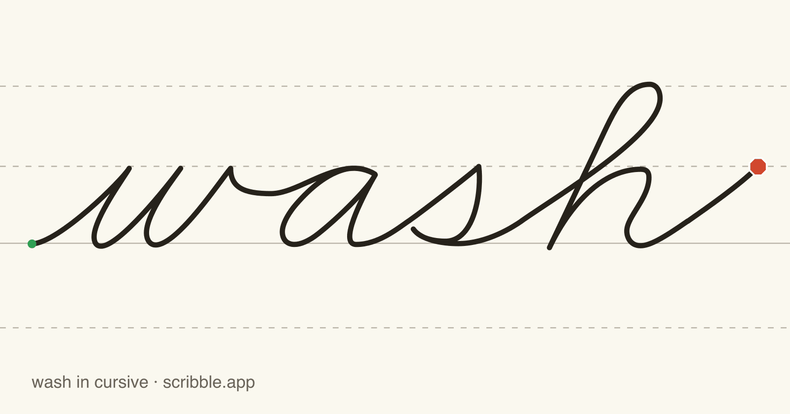 wash written in cursive on handwriting guidelines, with a green starting dot and a red stop sign